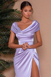 Elegant Lilac Long Split Front Mermaid Prom Evening Dresses with Ruffles